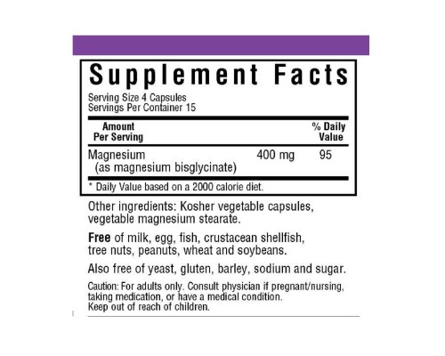 Мінерали Bluebonnet Nutrition Магній гліцинат, 400 Мг, Magnesium Glycinate, 60 вегетаріанс (BLB0748)