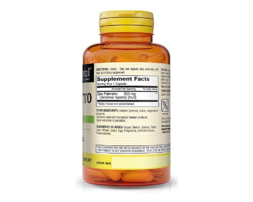 Трави Mason Natural Пальметто 500 мг, Здоров'я простати, Saw Palmetto, 60 капсул (MAV11515)