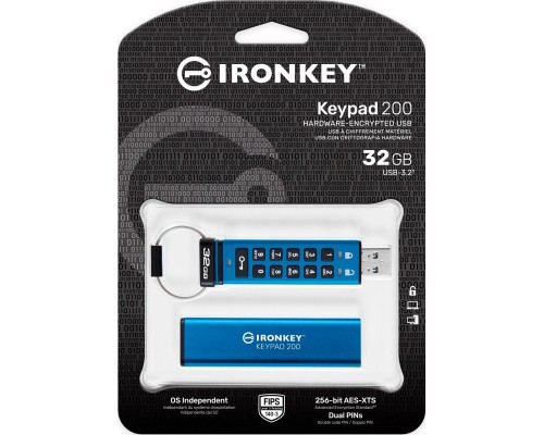 USB флеш накопичувач Kingston 32GB IronKey Keypad 200 AES-256 Encrypted Blue USB 3.2 (IKKP200/32GB) 
