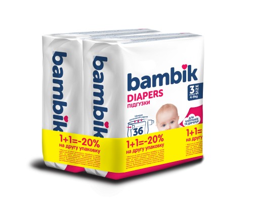 Підгузки Bambik Medium 4-9 кг Розмір 3 Midi 2 х 36 шт (4823071664027)