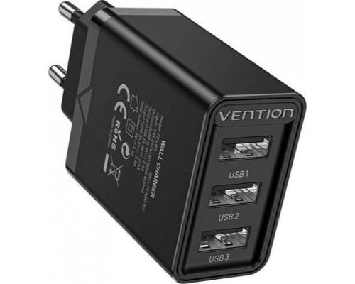 Зарядний пристрій Vention 3xUSB A 12W Black (FEAB0-EU)