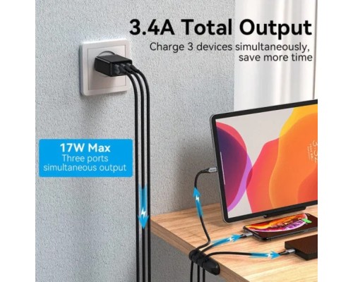 Зарядний пристрій Vention 3xUSB A 12W Black (FEAB0-EU)