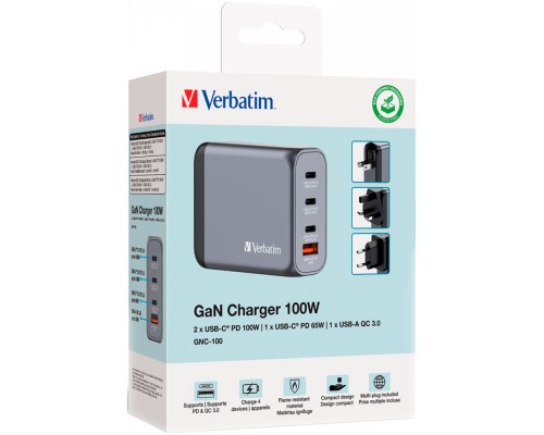 Зарядний пристрій Verbatim GaN 100 W 4 ports (2xUSB-C-100 W,USB-C 65 W /USB-A -3.0) (32202)