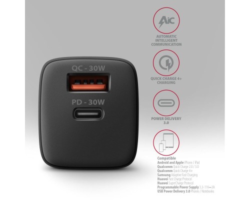 Зарядний пристрій AXAGON 1xUSB QC4.0 + 1xUSB-C PD30W PPS black (ACU-PQ30)