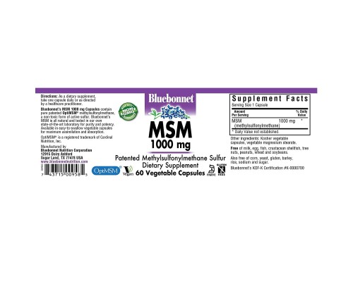 Мінерали Bluebonnet Nutrition ЧСЧ 1000 мг, MSM, 60 вегетаріанських капсул (BLB0958)