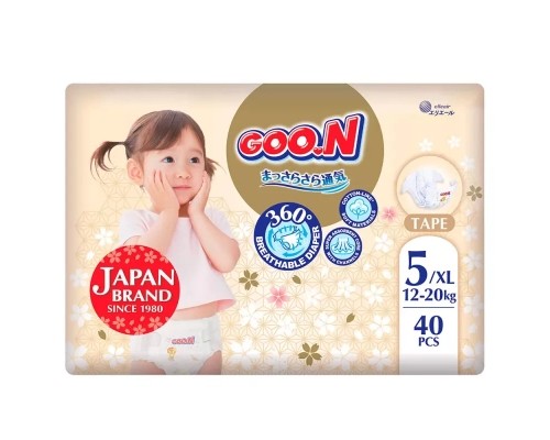 Підгузки GOO.N Premium Soft 12-20 кг Розмір 5 XL На липучках 40 шт (F1010101-150)