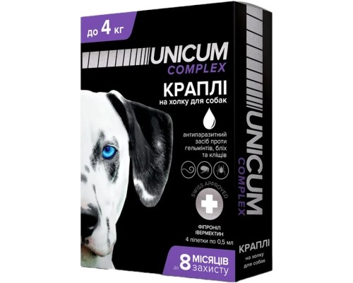 Краплі для тварин Unicum COMPLEX від бліх, кліщів та гельмінтів на холку для собак до 4 кг/4 шт (4820150202507)