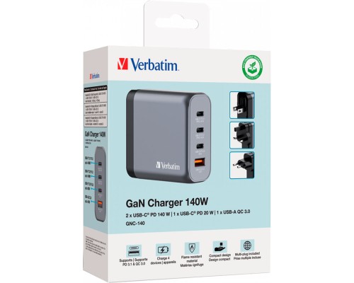 Зарядний пристрій Verbatim GaN 140 W 4 ports (2xUSB-C-140 W,USB-C 20 W /USB-A -3.0) (32203)