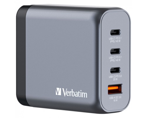 Зарядний пристрій Verbatim GaN 140 W 4 ports (2xUSB-C-140 W,USB-C 20 W /USB-A -3.0) (32203)