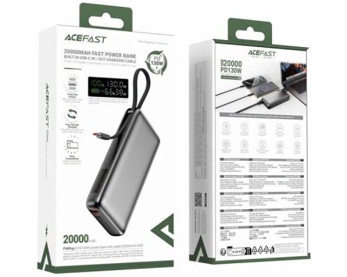Батарея універсальна Acefast 20000mAh 130W PD, QC/3.0 USB-A+USB-C In/Out,build-in cable M22 Gray (6974316283904)