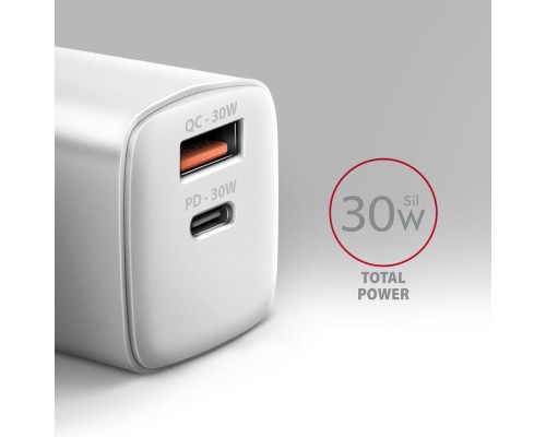 Зарядний пристрій AXAGON 1xUSB QC4.0 + 1xUSB-C PD30W PPS white (ACU-PQ30W)