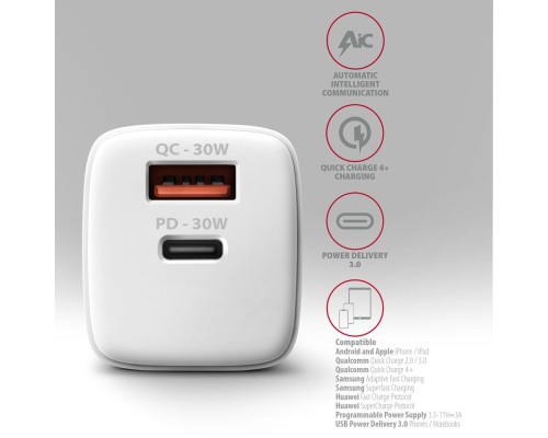 Зарядний пристрій AXAGON 1xUSB QC4.0 + 1xUSB-C PD30W PPS white (ACU-PQ30W)