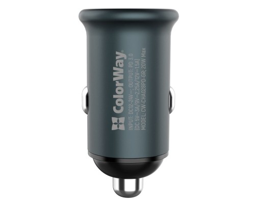 Зарядний пристрій ColorWay 1USB Car ( PD USB Type-C (20W) Gray (CW-CHA028PD-GR)