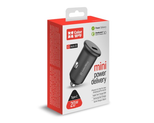 Зарядний пристрій ColorWay 1USB Car ( PD USB Type-C (20W) Gray (CW-CHA028PD-GR)
