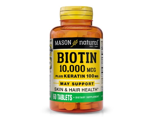Вітамін Mason Natural Біотин 10000мкг з кератином, Biotin Plus Keratin, 60 таблето (MAV-17655)