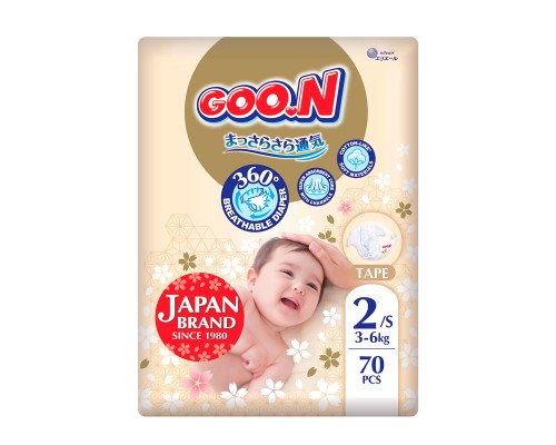 Підгузки GOO.N Premium Soft 3-6 кг Розмір 2 S на липучках 70 шт (F1010101-153)