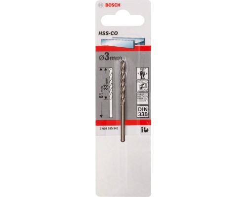 Свердло Bosch по металу HSS-Co, DIN 338, 3х33мм, 1шт (2.608.585.842)