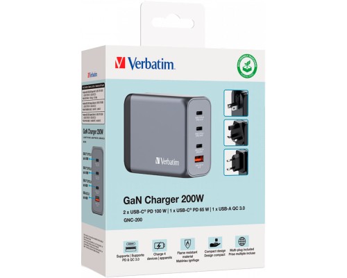 Зарядний пристрій Verbatim GaN 200 W 4 ports (2xUSB-C-100 W,USB-C-65 W /USB-A -3.0) (32204)