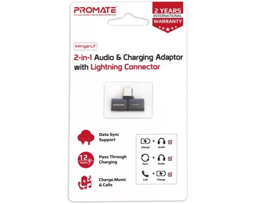Перехідник Lightning M to 2xLightning F Audiо + Charge Promate (ihinge-lt.black)