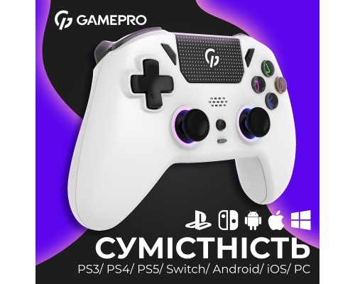 Геймпад GamePro із зарядною станцією 2.4G/BT 5.1/USB (Switch/PC/PS/iOS/Android) RGB White (GPS20W)