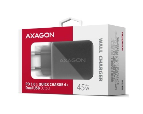 Зарядний пристрій AXAGON 1xUSB QC4.0 + 1xUSB-C PD45W PPS black (ACU-PQ45)
