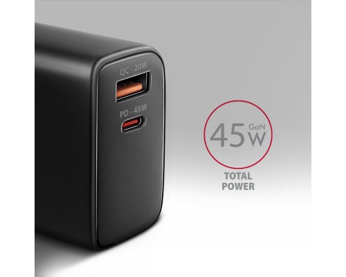 Зарядний пристрій AXAGON 1xUSB QC4.0 + 1xUSB-C PD45W PPS black (ACU-PQ45)