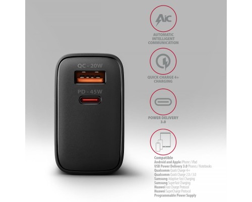 Зарядний пристрій AXAGON 1xUSB QC4.0 + 1xUSB-C PD45W PPS black (ACU-PQ45)