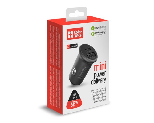 Зарядний пристрій ColorWay 2USB Car (Type-C PD20W + USB QC3.0 ) (38W) Gray (CW-CHA029PD-GR)