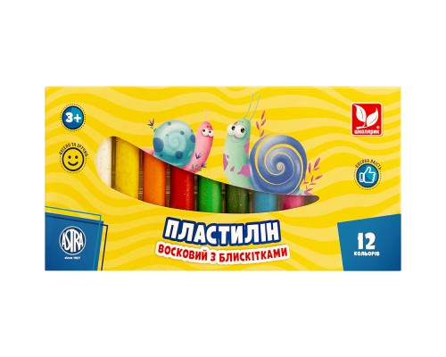 Пластилін Школярик Восковий Круглий з блискітками 12 кольорів 156 г (303107001-UA)
