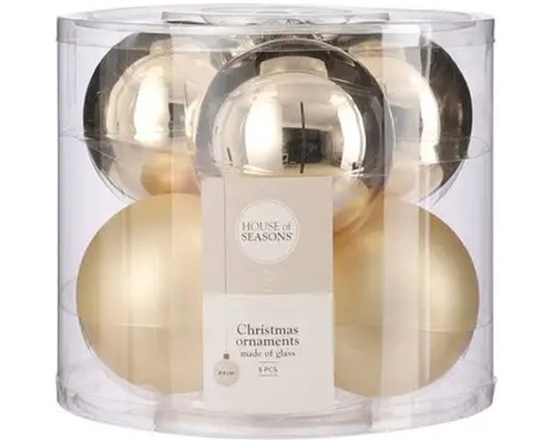 Ялинкова іграшка House Of Seasons Скляні кульки 6 шт D8 см Шампань (8718861800395)