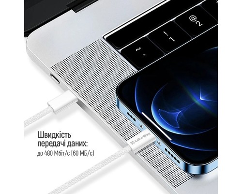Дата кабель USB-C to USB-C 2.0m (braided cotton) (PD Fast Charging 60W) 3.0А grey ColorWay (CW-CBPDCC068-GR)