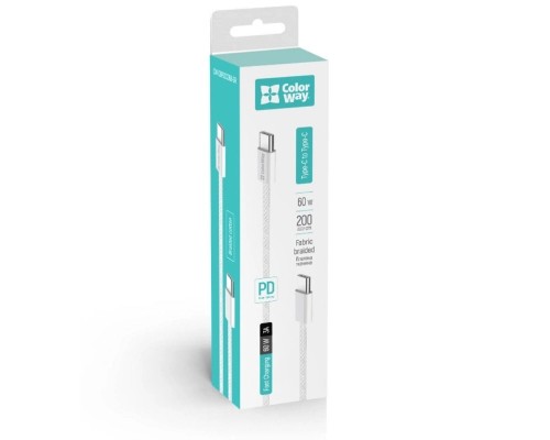 Дата кабель USB-C to USB-C 2.0m (braided cotton) (PD Fast Charging 60W) 3.0А grey ColorWay (CW-CBPDCC068-GR)