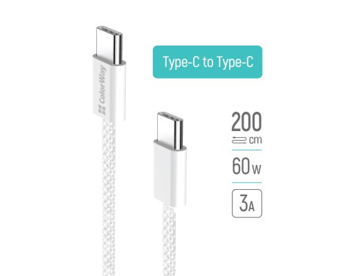 Дата кабель USB-C to USB-C 2.0m (braided cotton) (PD Fast Charging 60W) 3.0А grey ColorWay (CW-CBPDCC068-GR)