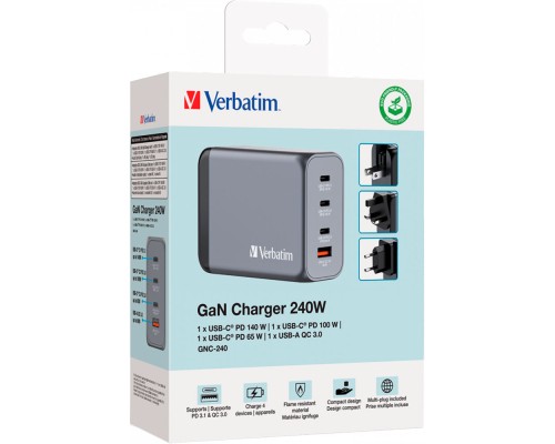 Зарядний пристрій Verbatim GaN 240 W 4 ports (USB-C-140 W,USB-C-100 W,USB-C-65 W /USB-A -3.0) (32205)