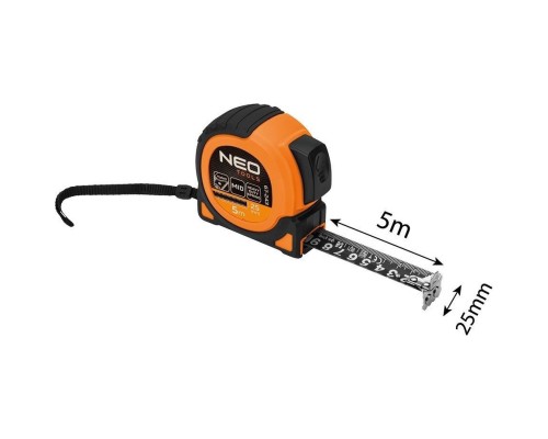 Рулетка Neo Tools Super Black, 5мx25мм, з фіксатором змотування, магніт (67-243)
