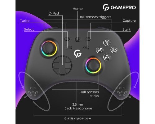 Геймпад GamePro із зарядною станцією BT 5.3/USB/2.4 ГГц (Switch/PC/iOS/Android) RGB Black (GPX13BDOC)
