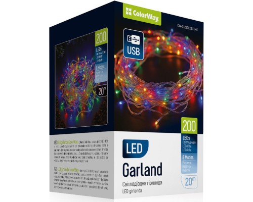 Гірлянда ColorWay LED 200 20 м (8 режимів) різнокольорова (прозорий кабель) USB (CW-G-200L20UTMC)