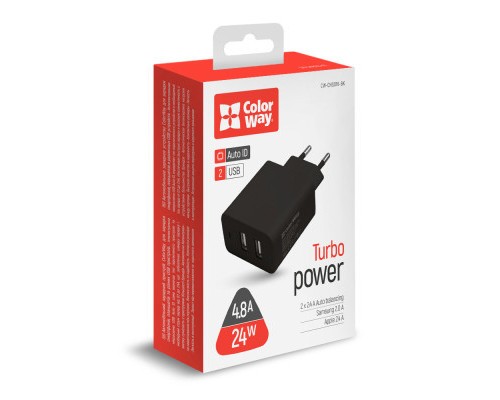 Зарядний пристрій ColorWay 2USB AUTO_ID 4.8A (24W) black (CW-CHS016-BK)