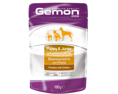 Вологий корм для собак Gemon Dog Wet Puppy&Junior шматочки з куркою 100 г (8009470300636)