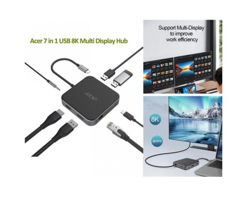 Порт-реплікатор Acer 7-in-1, 8K, HDMI, DP, 2xUSB3.2, USB-C, RJ45, 3.5mm AP (HP.DSCAB.013)