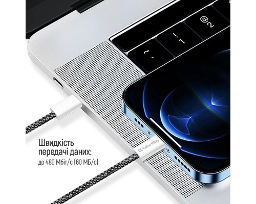 Дата кабель USB-C to USB-C 2.0m (braided cotton) (PD Fast Charging 60W) 3.0А black ColorWay (CW-CBPDCC068-BK)