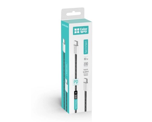 Дата кабель USB-C to USB-C 2.0m (braided cotton) (PD Fast Charging 60W) 3.0А black ColorWay (CW-CBPDCC068-BK)