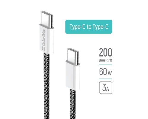 Дата кабель USB-C to USB-C 2.0m (braided cotton) (PD Fast Charging 60W) 3.0А black ColorWay (CW-CBPDCC068-BK)