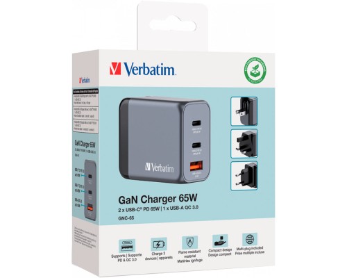 Зарядний пристрій Verbatim GaN 65 W 3 ports (2xUSB-C-65 W /USB-A -3.0) (32201)