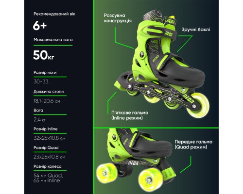 Роликові ковзани Neon Сombo Green розмір 30-33 (NT09G4)