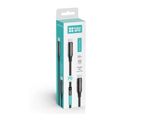 Дата кабель USB-C to USB-C 1.0m (PVC+Aluminum Alloy) (PD Fast Charging 240W) 5А black ColorWay (CW-CBPDCC069-BK)
