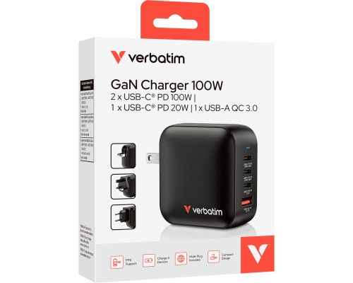 Зарядний пристрій Verbatim MiniGaN 100 W 4 ports (3xUSB-C/1xUSB-A) (32231)
