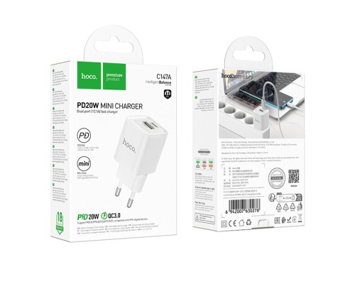 Мережевий Зарядний Пристрій Hoco C147A 1USB-C/1USB PD/QC 20W