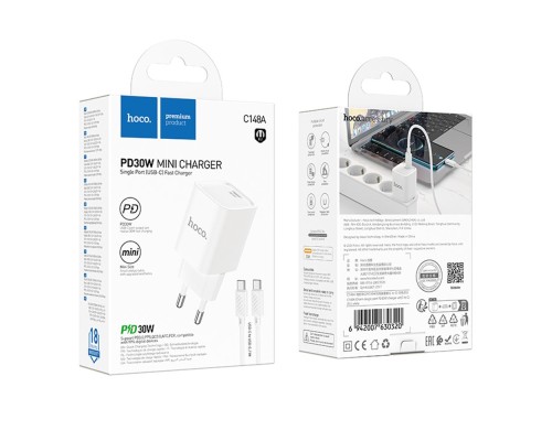 Мережевий Зарядний Пристрій Hoco C148A 1USB-C PD/QC 30W+Type-C to Type-C