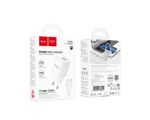 Мережевий Зарядний Пристрій Hoco C149A 1USB/1USB-C PD/QC 30W+Type-C to Lightning